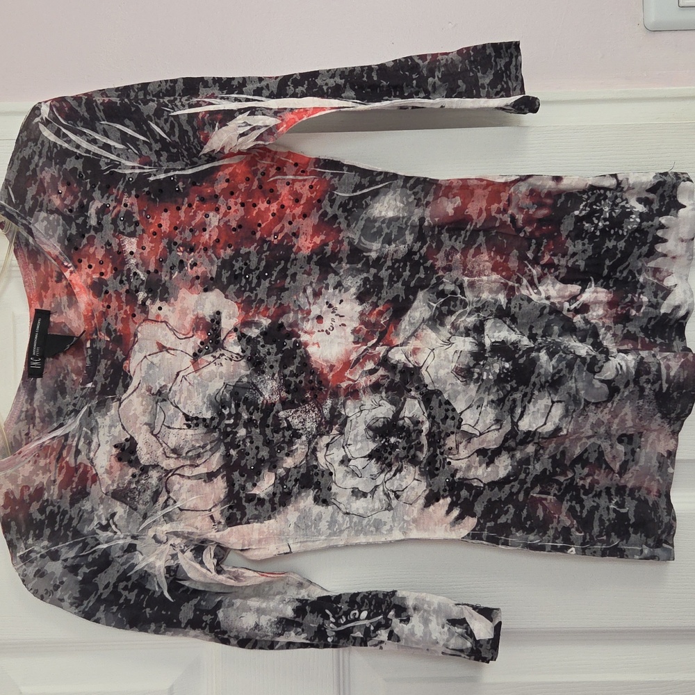 INC International Concepts Floral Long Sleeve Top - Black, Red, White